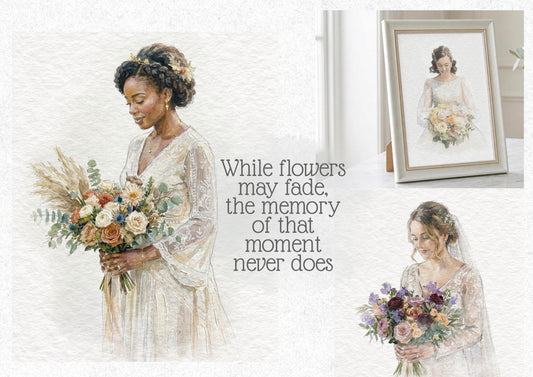 Bride and Bouquet Watercolour Art Painting | Photo to Portrait Illustration | Wedding Anniversary Gift For Bride