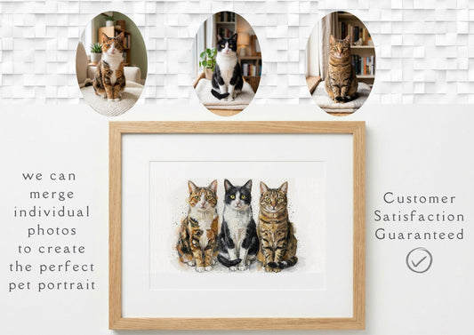 Photomerge Custom Cat Watercolour Portrait | Personalised Pet Portrait | Pet Illustration | Cat Lover Gift | Pencil Outline Hand Painted, __etsy:7853886114