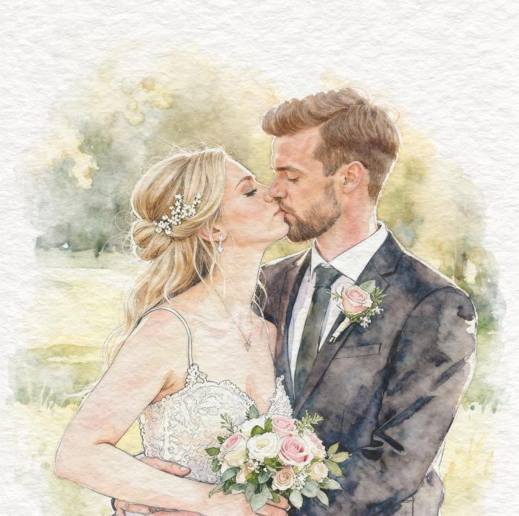 Wedding Art Picture From Photo - Gift For Bride And Groom, Wedding Present, Wedding Anniversary, Outline Drawing With Watercolour Wash __etsy:7232274896