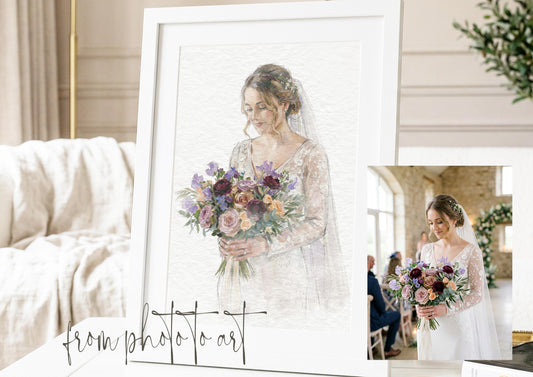 Bride and Bouquet Watercolour Art Painting | Photo to Portrait Illustration | Wedding Anniversary Gift For Bride