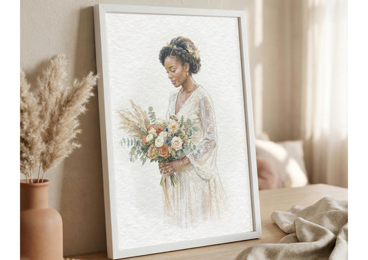 Bride and Bouquet Watercolour Art Painting | Photo to Portrait Illustration | Wedding Anniversary Gift For Bride __etsy:7842811360