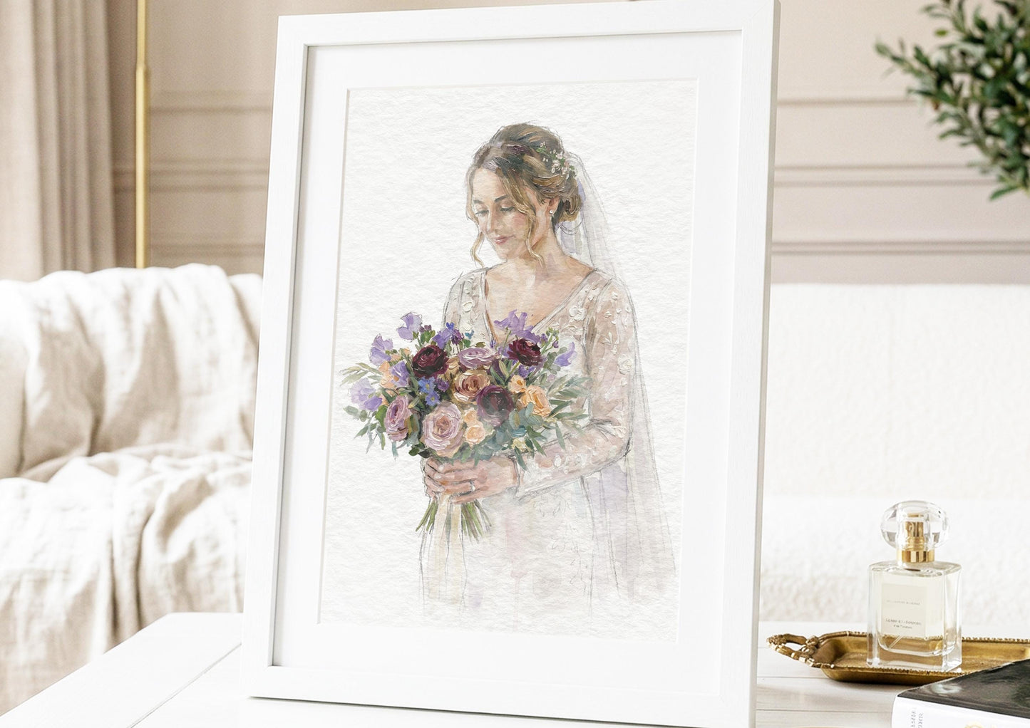 Bride and Bouquet Watercolour Art Painting | Photo to Portrait Illustration | Wedding Anniversary Gift For Bride __etsy:7842231522