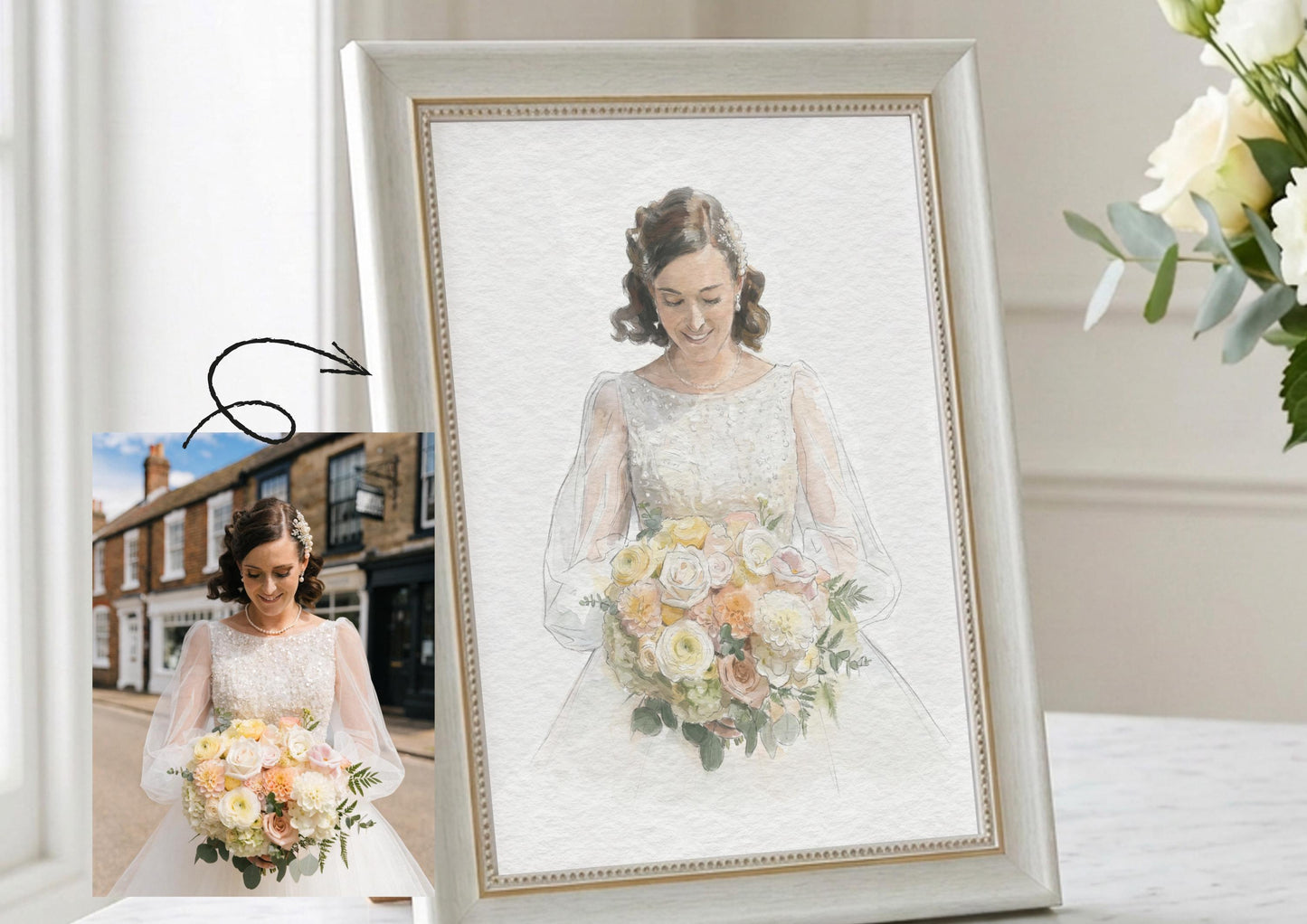 Bride and Bouquet Watercolour Art Painting | Photo to Portrait Illustration | Wedding Anniversary Gift For Bride __etsy:7842809018