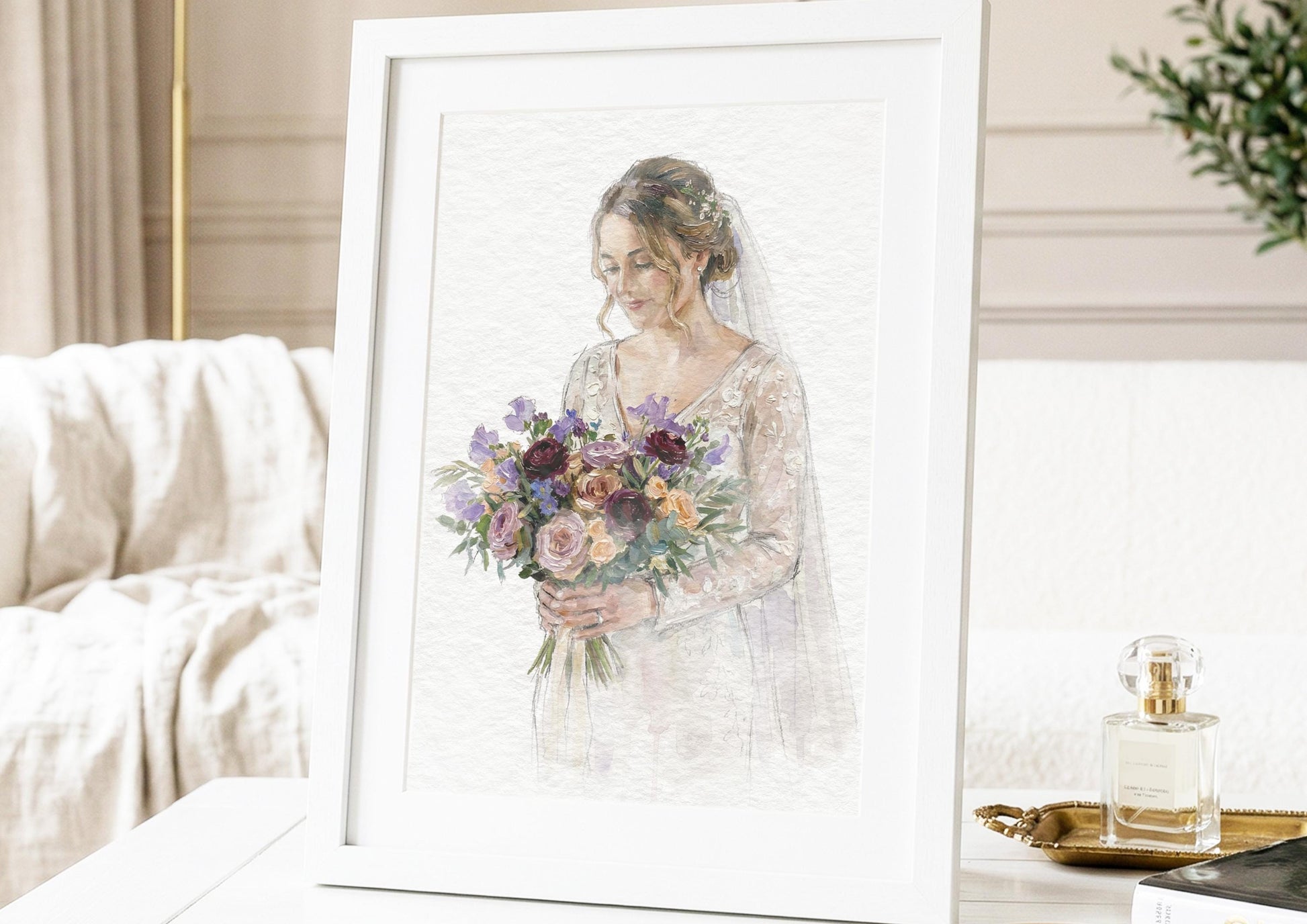 Bride and Bouquet Watercolour Art Painting | Photo to Portrait Illustration | Wedding Anniversary Gift For Bride __etsy:7842231522