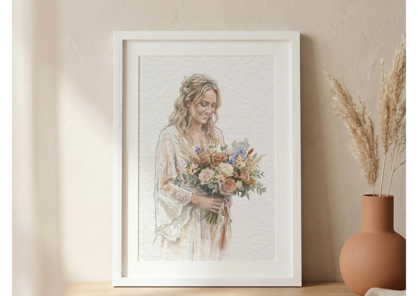 Bride and Bouquet Watercolour Art Painting | Photo to Portrait Illustration | Wedding Anniversary Gift For Bride __etsy:7841800846