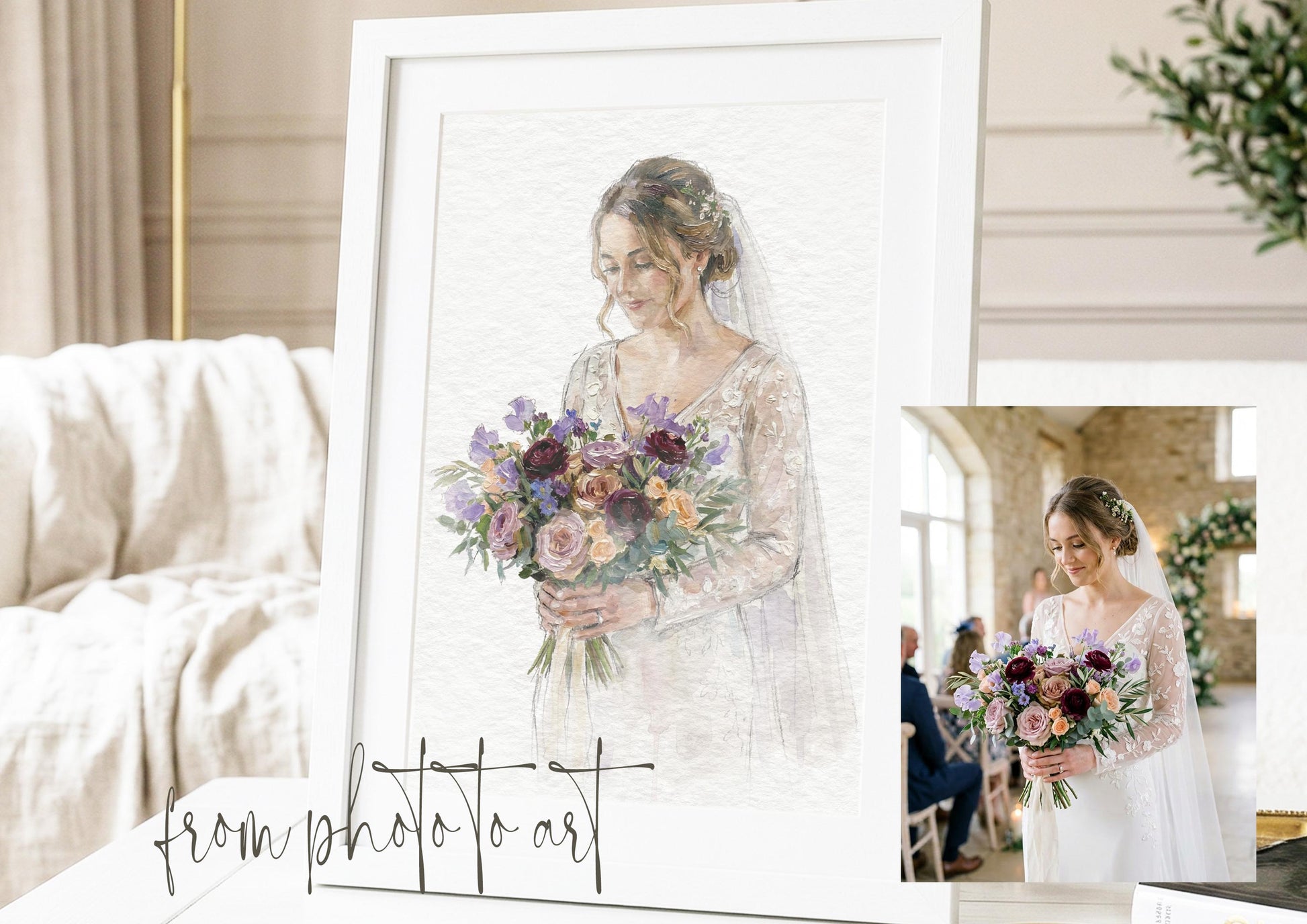 Bride and Bouquet Watercolour Art Painting | Photo to Portrait Illustration | Wedding Anniversary Gift For Bride __etsy:7842231510
