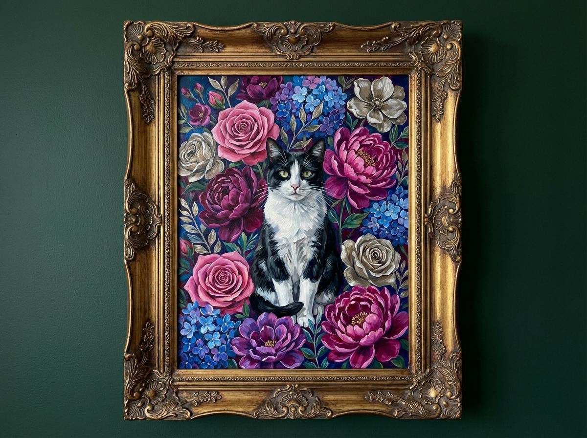 Custom Botanical Cat Oil Digital Portrait Gift | Maximalist Flower Style | Bold Oil Painted Style Painted Cat | Colourful Art __etsy:7903245325
