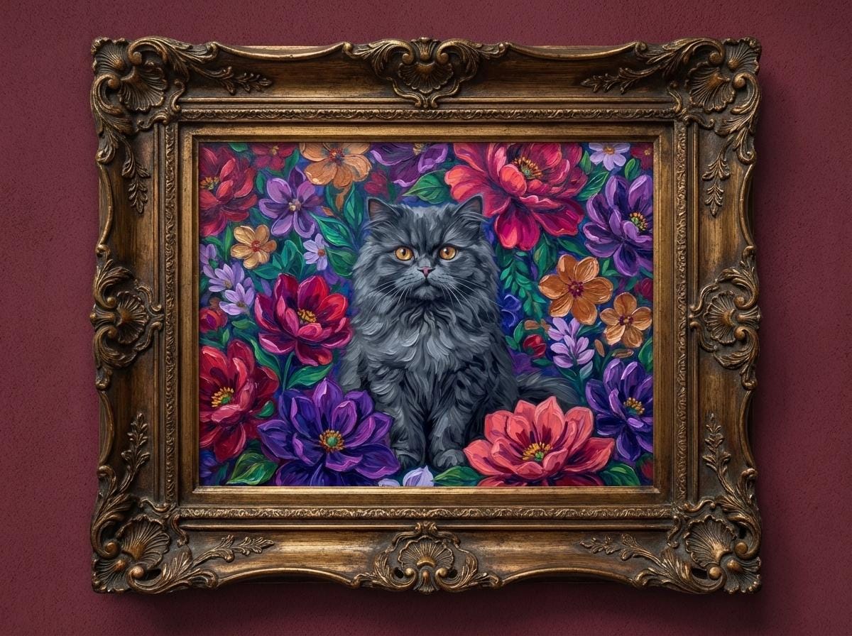 Custom Botanical Cat Oil Digital Portrait Gift | Maximalist Flower Style | Bold Oil Painted Style Painted Cat | Colourful Art __etsy:7903269611