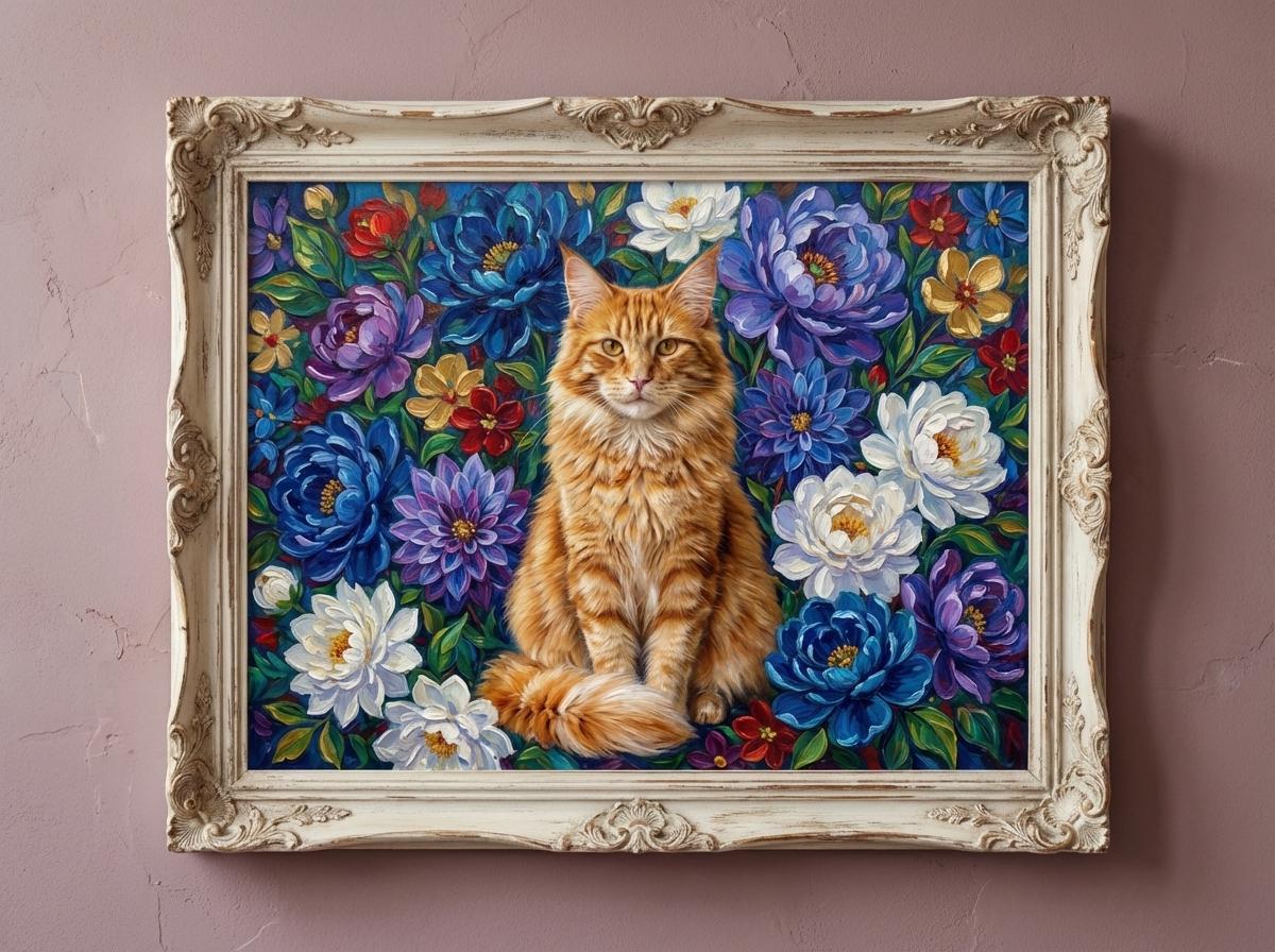 Custom Cat Botanical Maximalist Digital Portrait Gift | Floral Style | Bold Oil Painted Style Painted Cat | Colourful Art | Digital Download __etsy:7855387154