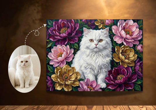 Custom Cat Floral Oil Digital Portrait Gift | Maximalist Botanical Style | Bold Oil Painted Style Painted Cat | Colourful Art __etsy:7903311863