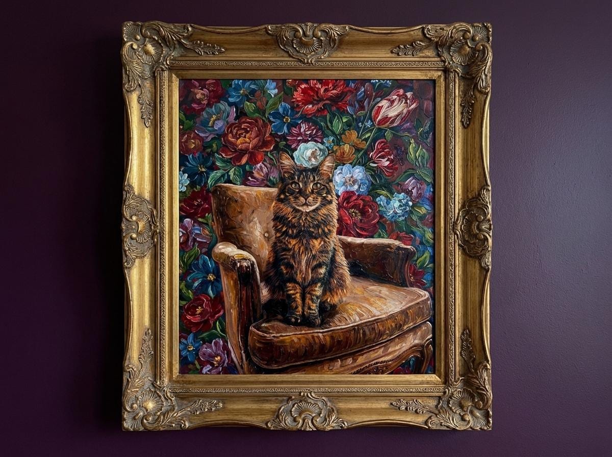 Custom Cat Floral Oil Digital Portrait Gift | Maximalist Botanical Style | Bold Oil Painted Style Painted Cat | Colourful Art __etsy:7903245319