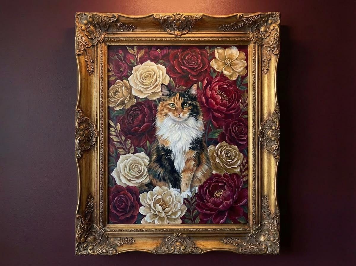 Custom Cat Portrait Gift in Botanical Maximalist Style | Floral Style | Bold Oil Painted Style Painted Cat | Colourful Art __etsy:7855407418