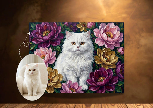 Custom Cat Portrait Gift in Botanical Maximalist Style | Floral Style | Bold Oil Painted Style Painted Cat | Colourful Art __etsy:7903325721