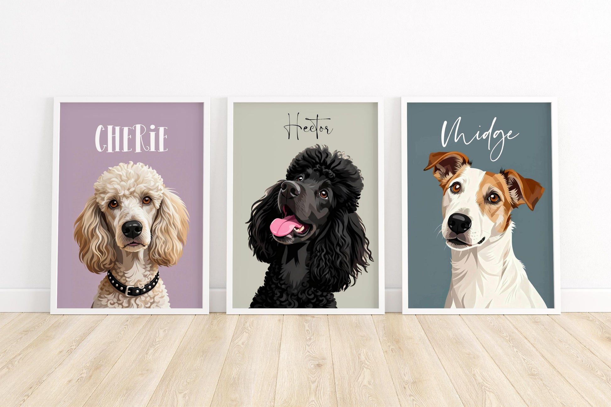 May include: Three framed dog portraits. The first features a poodle with the name "Cherie" above. The second is a black poodle named "Hector". The third is a Jack Russell Terrier named "Midge". Each portrait has a white frame. __etsy:7894665273