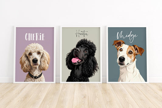 May include: Three framed dog portraits. The first features a poodle with the name "Cherie" above. The second is a black poodle named "Hector". The third is a Jack Russell Terrier named "Midge". Each portrait has a white frame. __etsy:7894665273