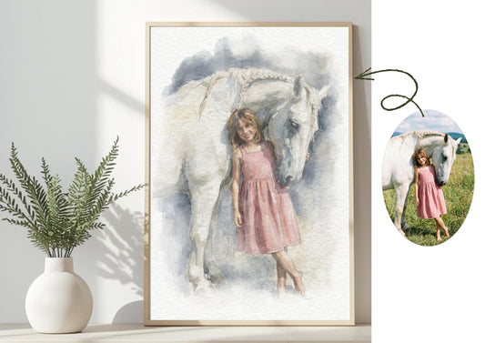 Custom Horse With Owner Watercolour Art Painting | Horse Painted Style Portrait From Photo | Equestrian Illustration __etsy:7849606760