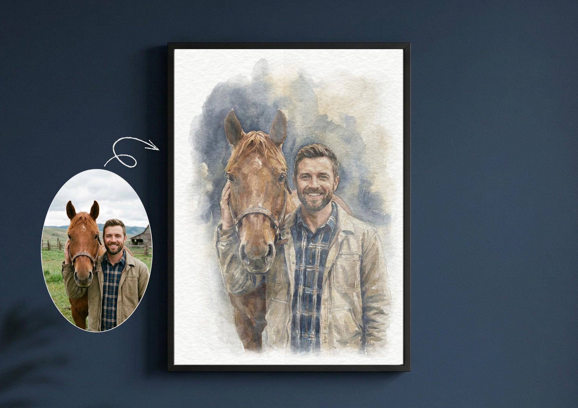 Custom Horse With Owner Watercolour Art Painting | Horse Painted Style Portrait From Photo | Equestrian Illustration __etsy:7849316230