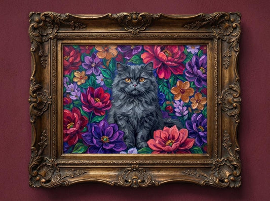 Custom Modern Cat Botanical Floral Oil Digital Portrait Gift | Maximalist Style | Bold Oil Painted Style Painted Cat | Colourful Art __etsy:7903269611