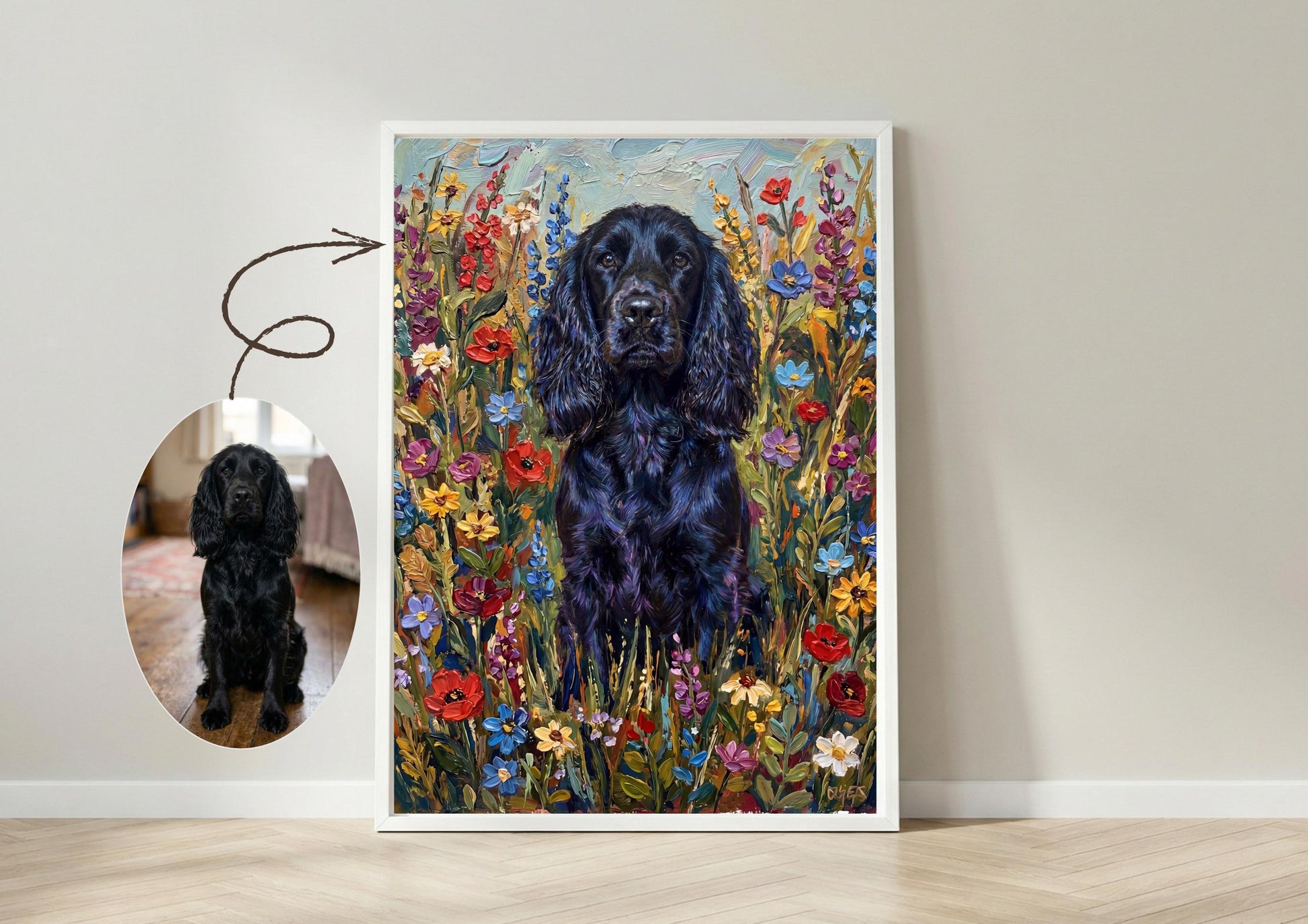 Custom Whimsical Dog Wildflower Portrait Gift | Maximalist Style | Bold Oil Painted Style Painted Dog | Colourful Wall Art __etsy:7866723432