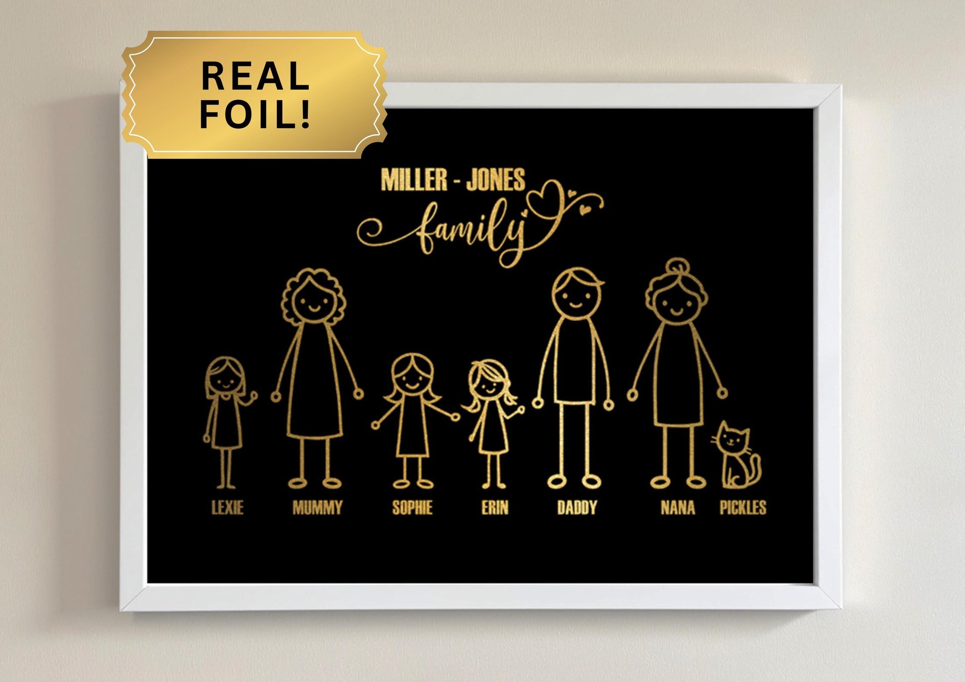 Fun Family Gift, Stick People, Personalised Family With Names & Real Foil __etsy:7245932946