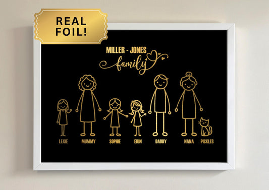 Fun Family Gift, Stick People, Personalised Family With Names & Real Foil __etsy:7245932946