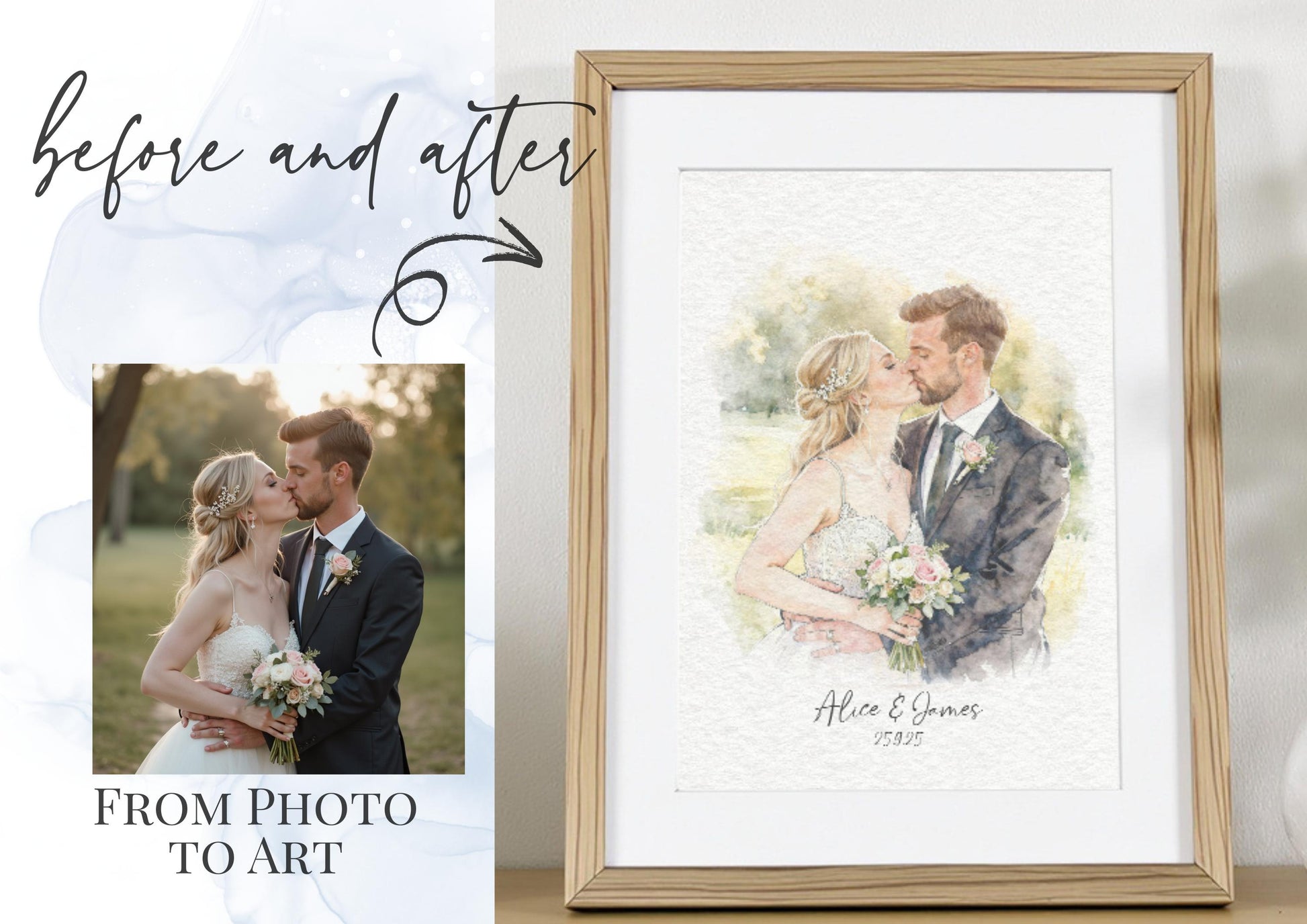 Wedding Art Picture From Photo - Gift For Bride And Groom, Wedding Present, Wedding Anniversary, Outline Drawing With Watercolour Wash __etsy:7280237979