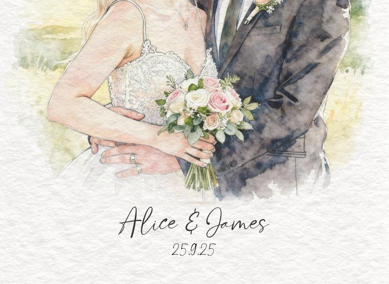 Wedding Art Picture From Photo - Gift For Bride And Groom, Wedding Present, Wedding Anniversary, Outline Drawing With Watercolour Wash __etsy:7232274890