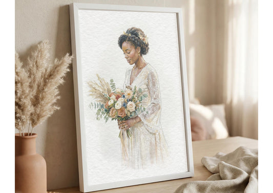 Bride and Bouquet Watercolour Art Painting | Photo to Portrait Illustration | Wedding Anniversary Gift For Bride